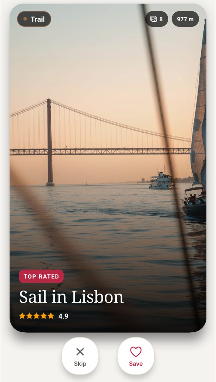 NomadSwipe place card for Sail in Lisbon with Skip and Save buttons
