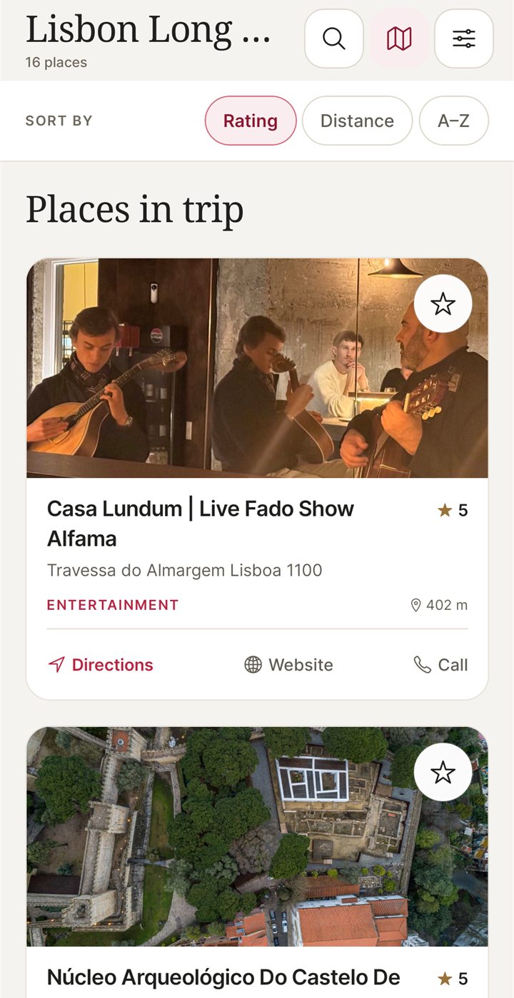 NomadSwipe list of places in a Lisbon trip, sorted by rating, with Directions, Website and Call buttons