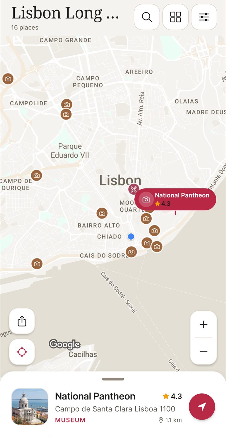 NomadSwipe trip map of Lisbon with saved places pinned and the National Pantheon selected